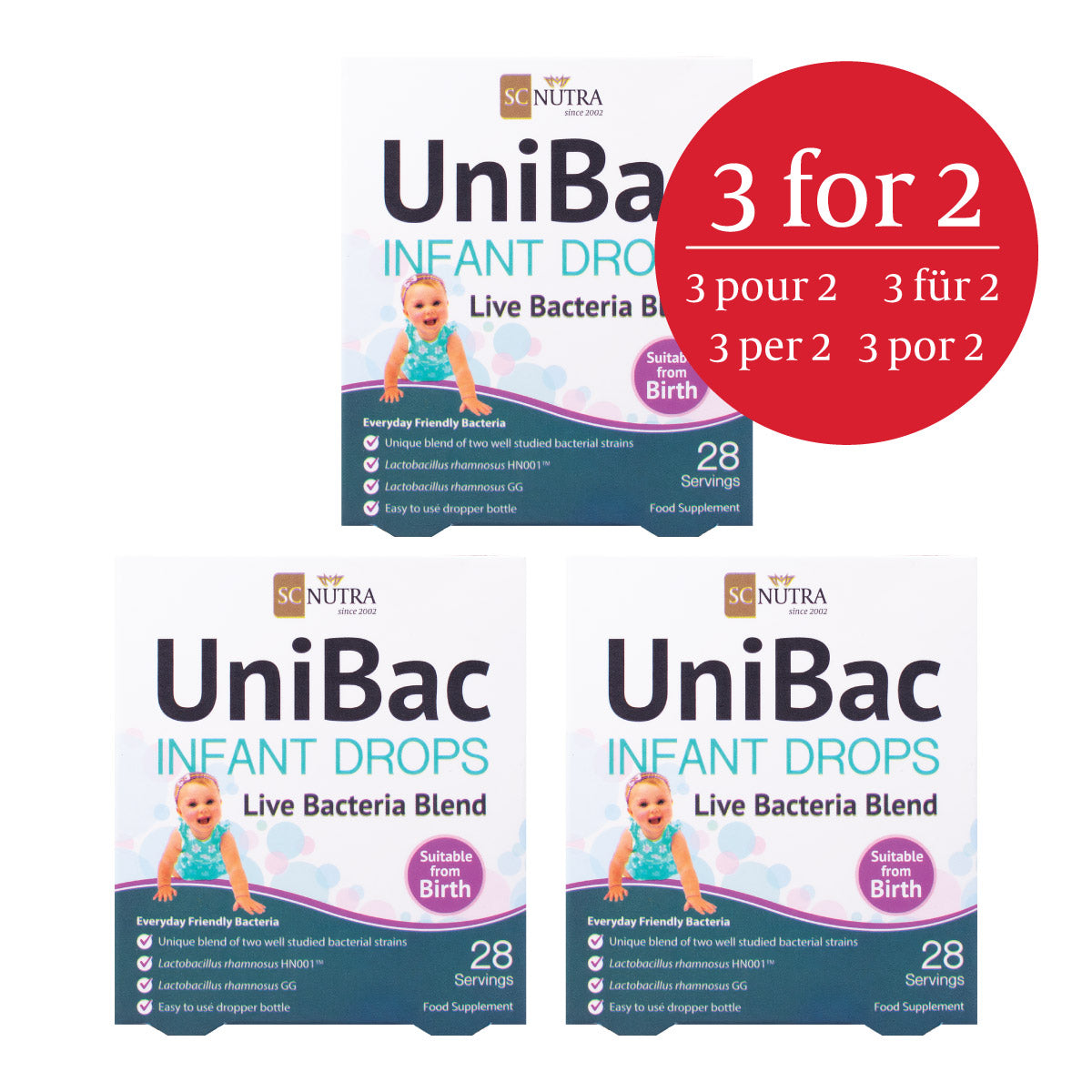 Offre Spéciale – UniBac Gouttes Bébés & Nourrissons Mélange de Bactéries Vivantes (3 Flacons)
